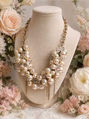 J.Crew Pearl & Crystal Statement Necklace Gold Tone 10